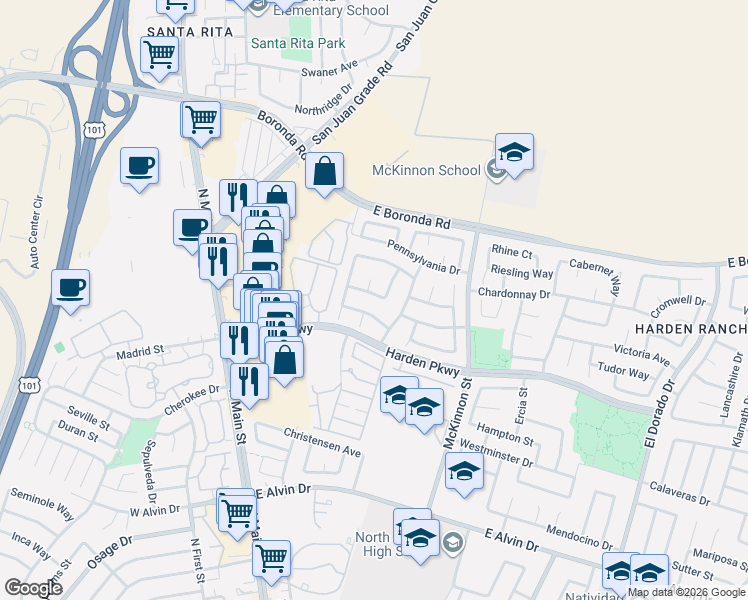 map of restaurants, bars, coffee shops, grocery stores, and more near 134 Sutton Way in Salinas