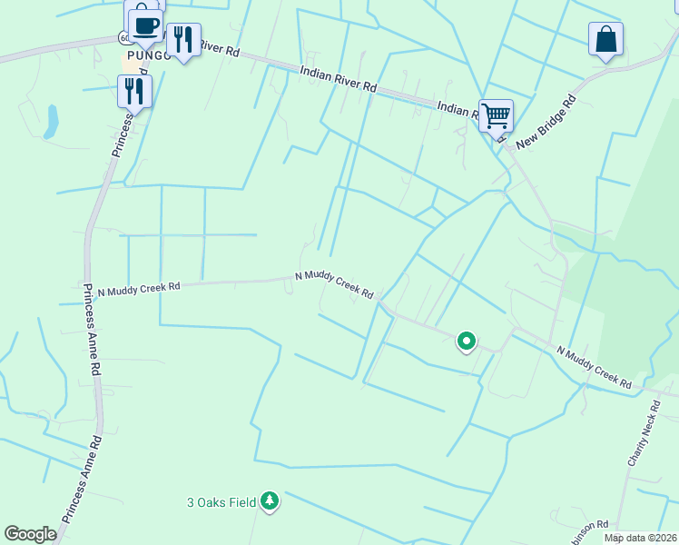 map of restaurants, bars, coffee shops, grocery stores, and more near 1760 North Muddy Creek Road in Virginia Beach