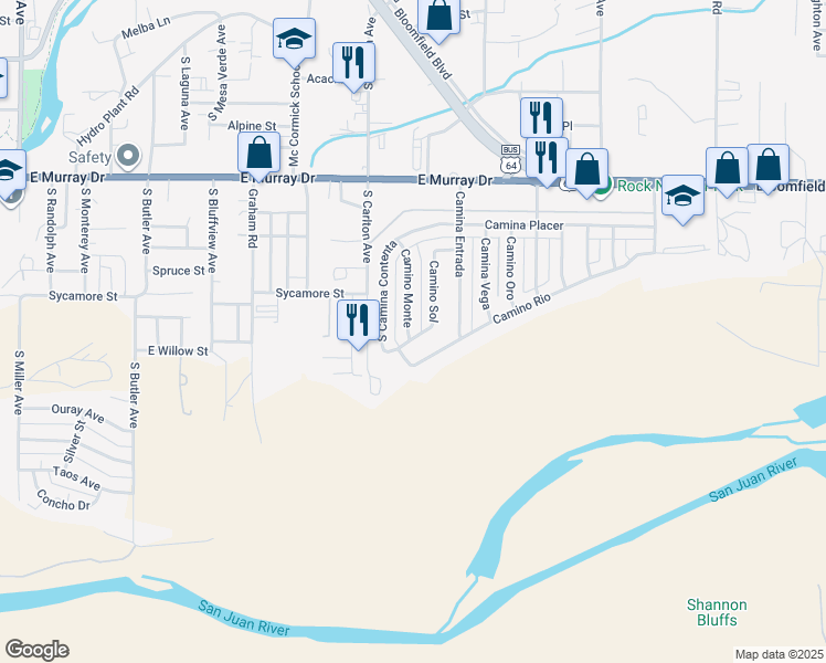 map of restaurants, bars, coffee shops, grocery stores, and more near 1420 Camino Monte in Farmington