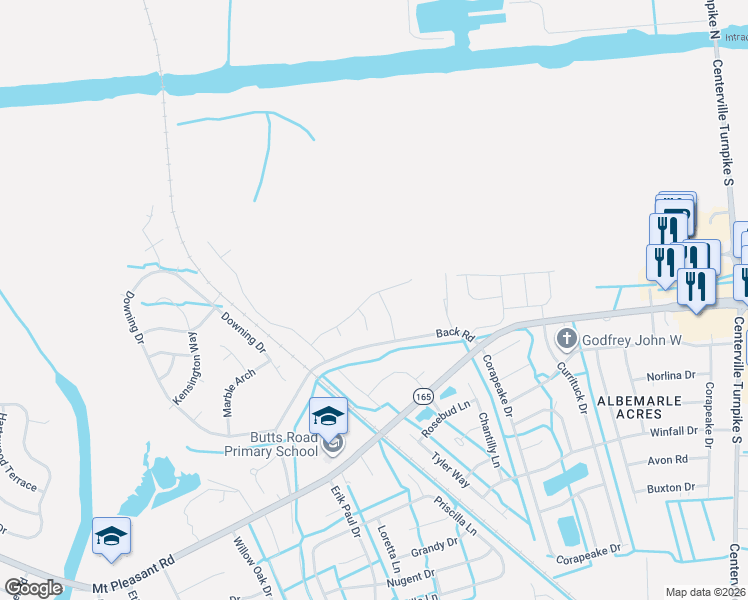 map of restaurants, bars, coffee shops, grocery stores, and more near 1200 Back Road in Chesapeake