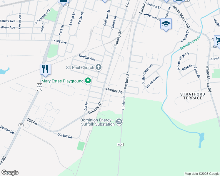 map of restaurants, bars, coffee shops, grocery stores, and more near 401 Webb Street in Suffolk