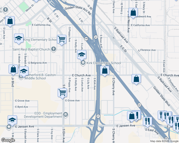 map of restaurants, bars, coffee shops, grocery stores, and more near 2138 East Church Avenue in Fresno