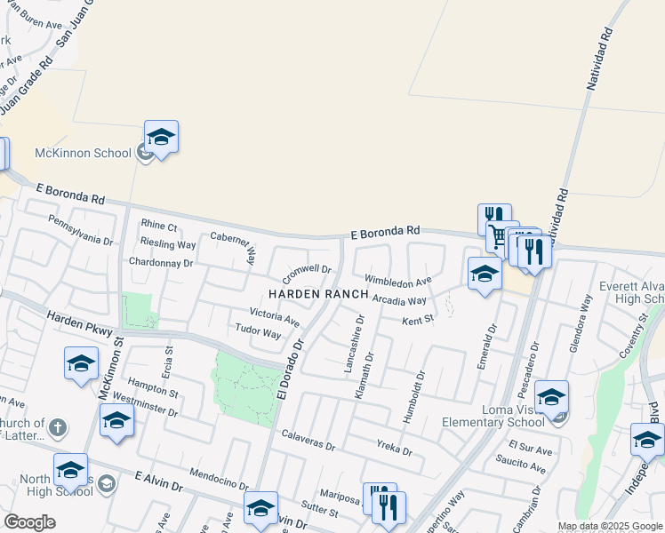 map of restaurants, bars, coffee shops, grocery stores, and more near 459 Arcadia Way in Salinas