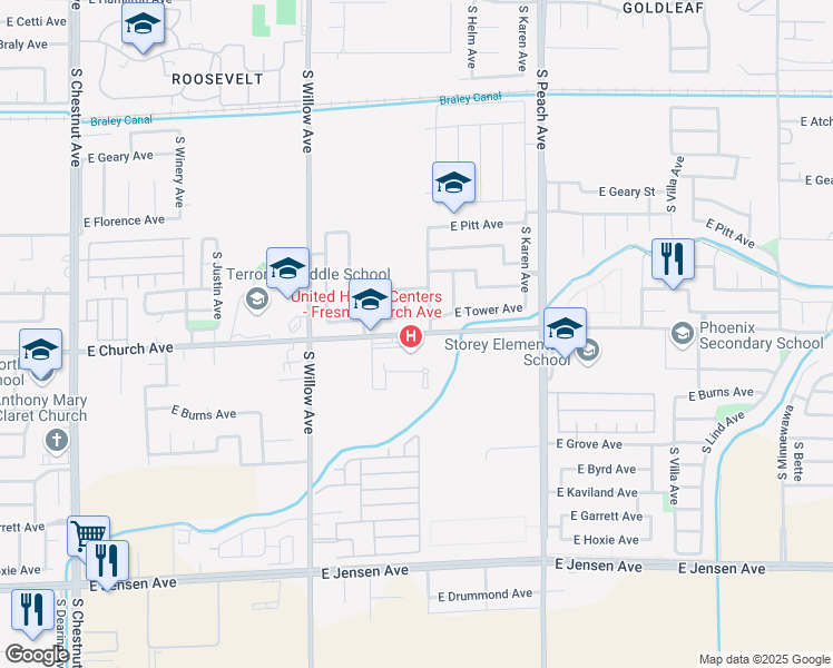 map of restaurants, bars, coffee shops, grocery stores, and more near 5090 East Church Avenue in Fresno