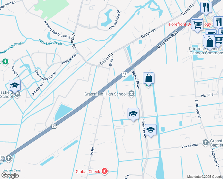 map of restaurants, bars, coffee shops, grocery stores, and more near 845 Dominion Boulevard South in Chesapeake