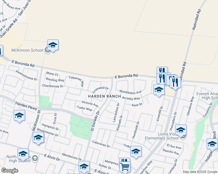map of restaurants, bars, coffee shops, grocery stores, and more near 459 Arcadia Way in Salinas