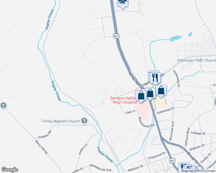 map of restaurants, bars, coffee shops, grocery stores, and more near 4111 Lp Bailey Memorial Highway in South Boston