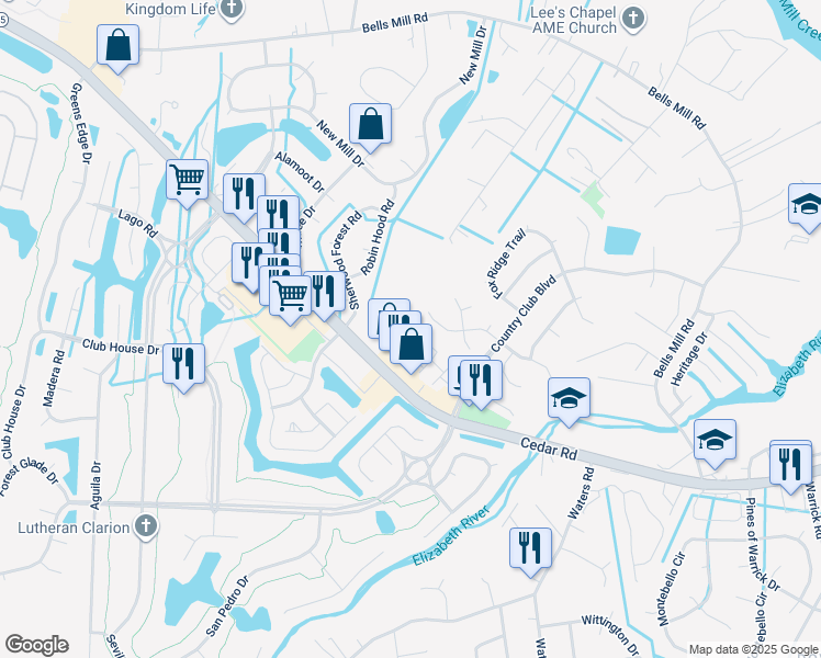 map of restaurants, bars, coffee shops, grocery stores, and more near 908 Fallcreek Run in Chesapeake