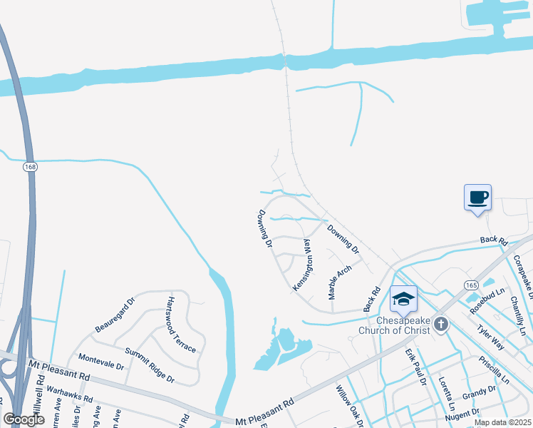 map of restaurants, bars, coffee shops, grocery stores, and more near 244 Downing Drive in Chesapeake