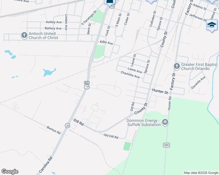 map of restaurants, bars, coffee shops, grocery stores, and more near 306 Greenfield Crescent in Suffolk