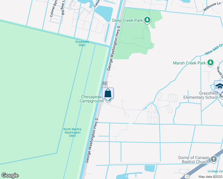 map of restaurants, bars, coffee shops, grocery stores, and more near 657 George Washington Highway South in Chesapeake