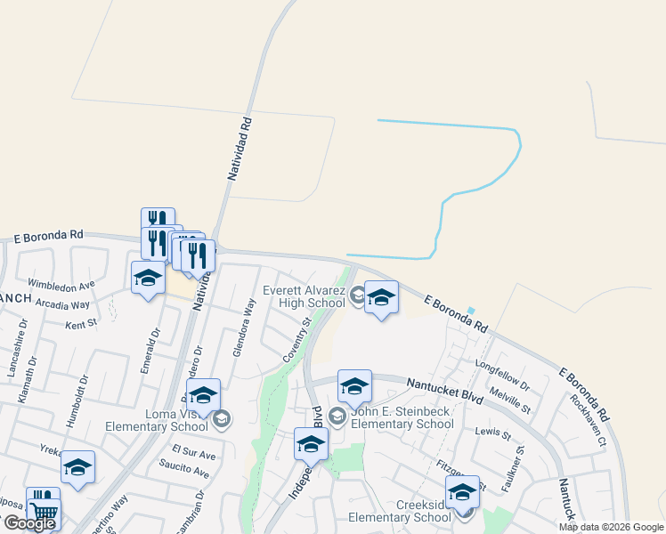 map of restaurants, bars, coffee shops, grocery stores, and more near 1973 Coventry Street in Salinas