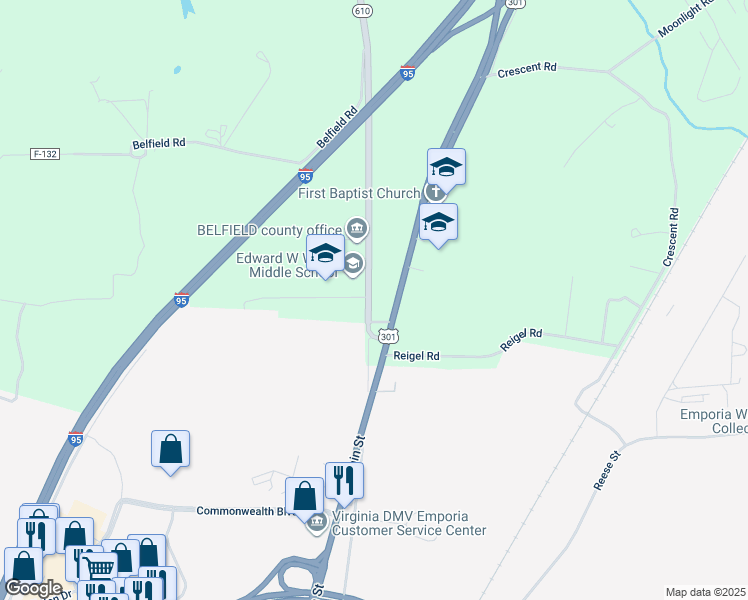 map of restaurants, bars, coffee shops, grocery stores, and more near 159 Slagles Lake Road in Emporia