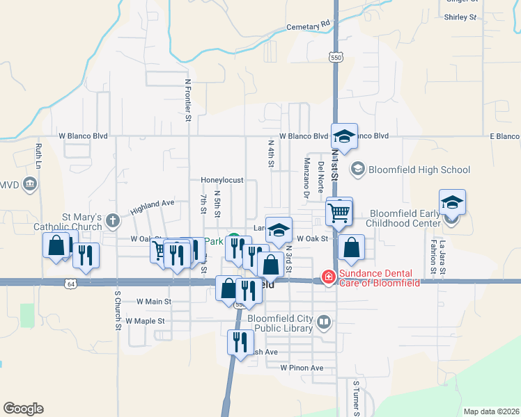 map of restaurants, bars, coffee shops, grocery stores, and more near 413 North 4th Street in Bloomfield