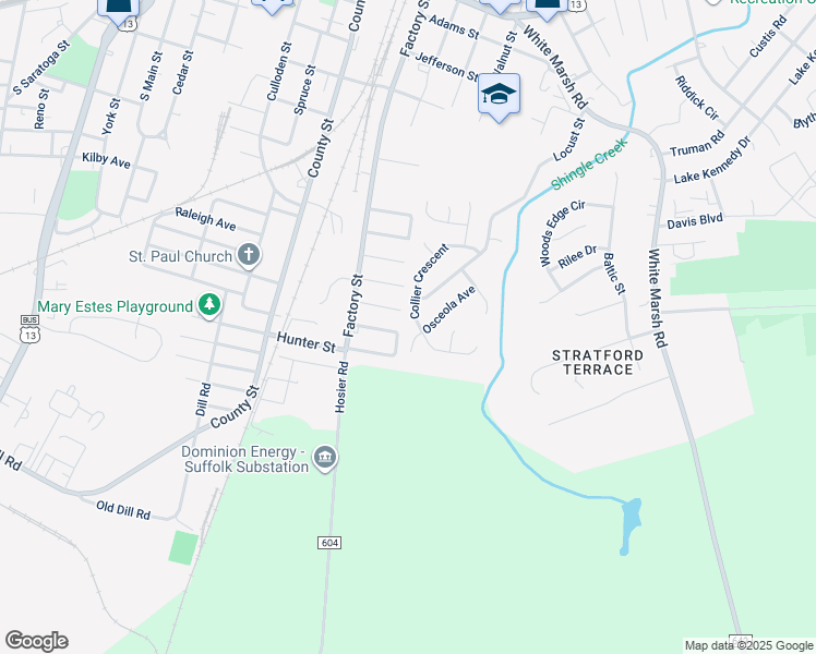 map of restaurants, bars, coffee shops, grocery stores, and more near 408 Collier Crescent in Suffolk