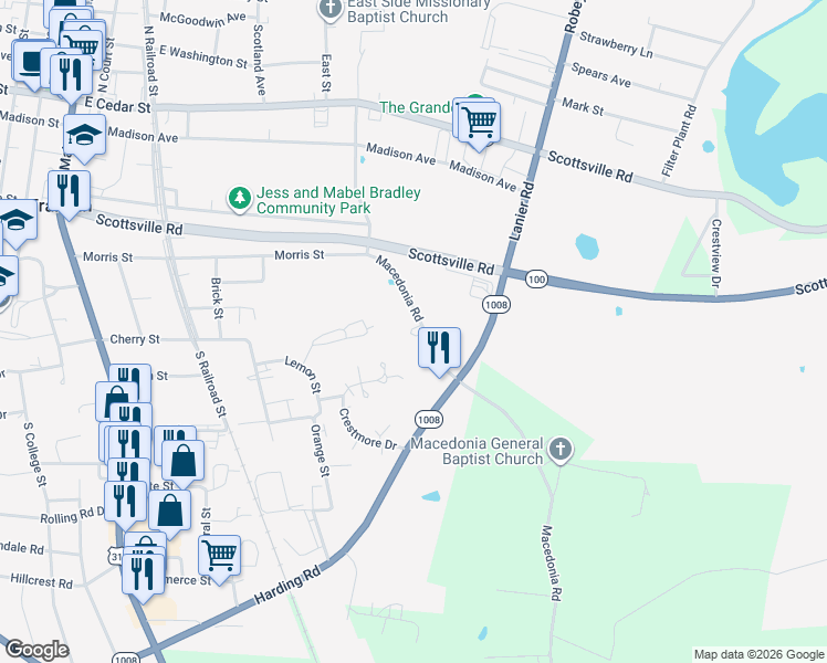 map of restaurants, bars, coffee shops, grocery stores, and more near 420 Macedonia Road in Franklin