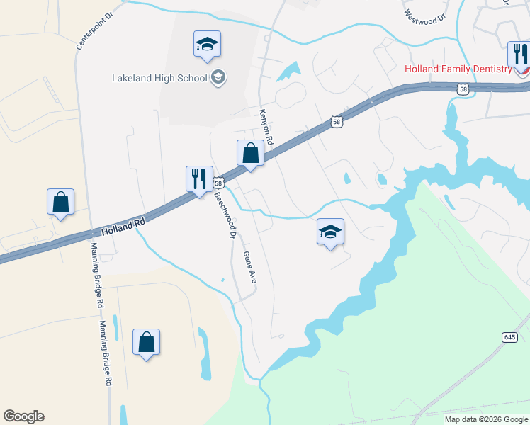 map of restaurants, bars, coffee shops, grocery stores, and more near 214 Tracy Drive in Suffolk