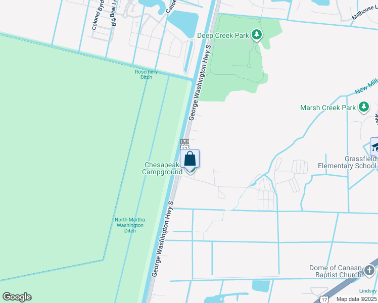 map of restaurants, bars, coffee shops, grocery stores, and more near 657 George Washington Highway South in Chesapeake