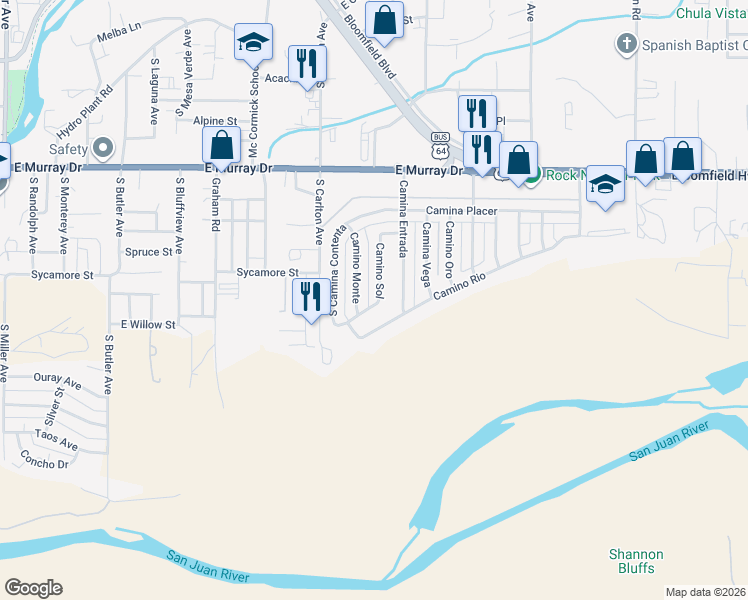 map of restaurants, bars, coffee shops, grocery stores, and more near 1400-1404 Camino Monte in Farmington