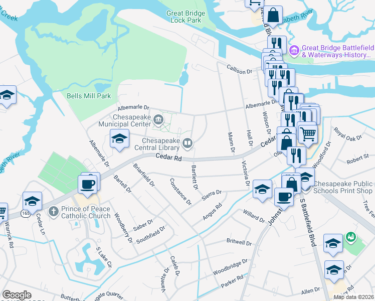 map of restaurants, bars, coffee shops, grocery stores, and more near 298 Cedar Road in Chesapeake