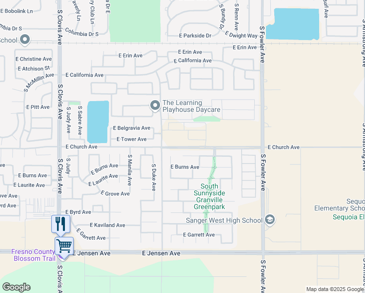 map of restaurants, bars, coffee shops, grocery stores, and more near E Church Ave in Fresno