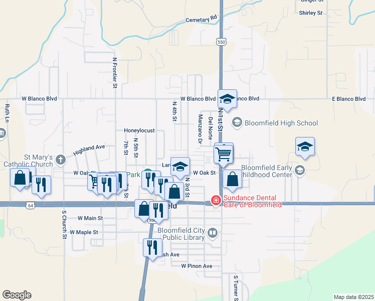 map of restaurants, bars, coffee shops, grocery stores, and more near North 3rd Street in Bloomfield