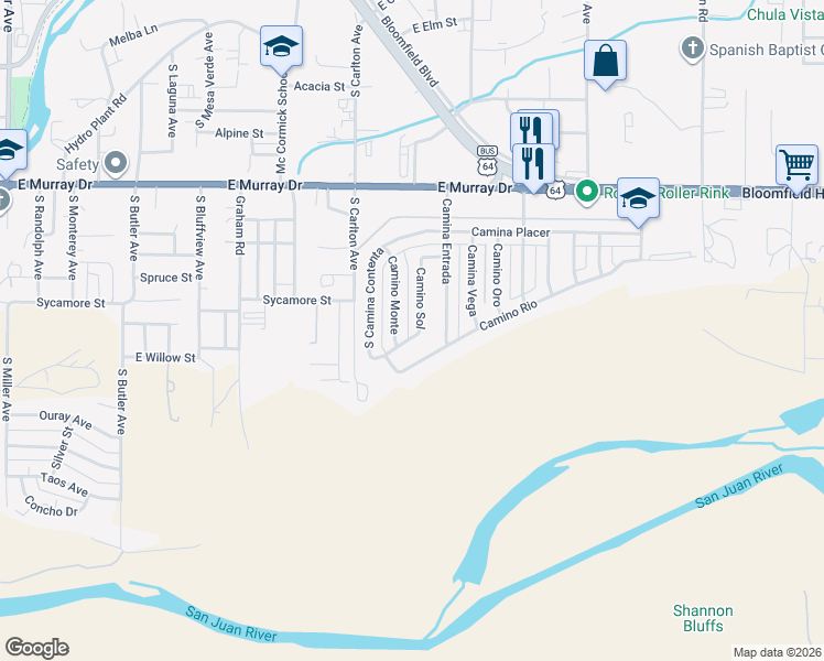 map of restaurants, bars, coffee shops, grocery stores, and more near 1400-1404 Camino Monte in Farmington