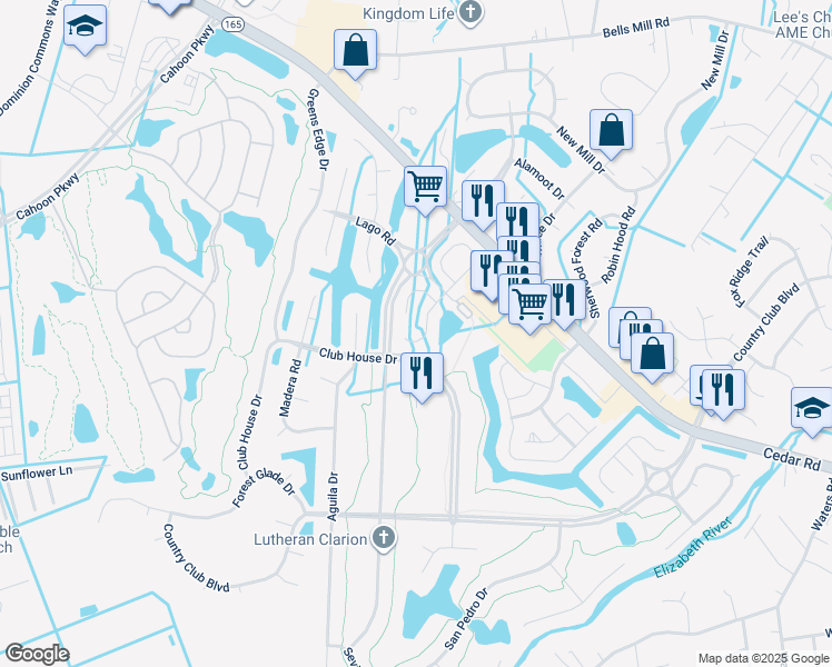 map of restaurants, bars, coffee shops, grocery stores, and more near 754 Sendero Court in Chesapeake