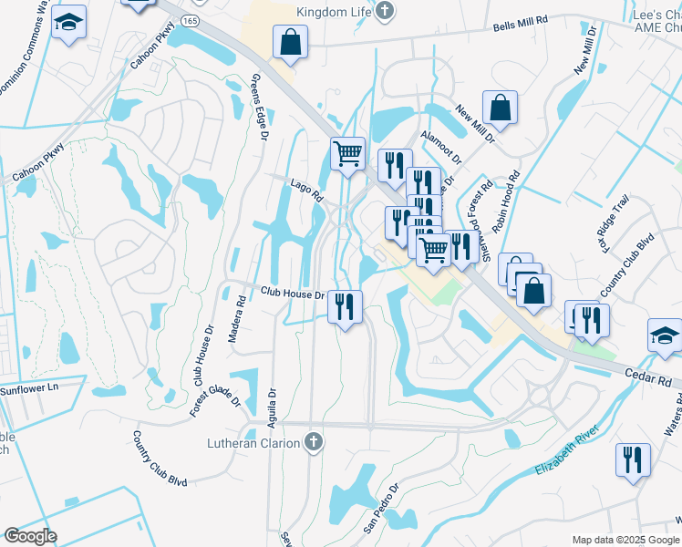 map of restaurants, bars, coffee shops, grocery stores, and more near 702 Brisa Court in Chesapeake