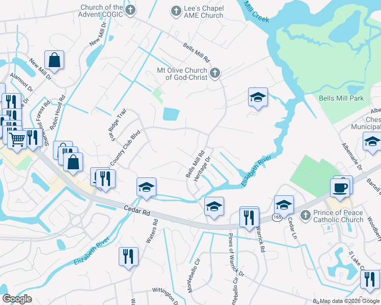 map of restaurants, bars, coffee shops, grocery stores, and more near 700 Renee Lane in Chesapeake