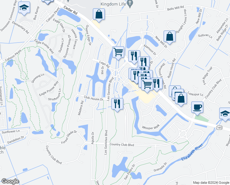 map of restaurants, bars, coffee shops, grocery stores, and more near 706 Brisa Court in Chesapeake