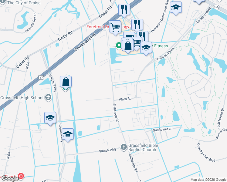 map of restaurants, bars, coffee shops, grocery stores, and more near 788 Shillelagh Road in Chesapeake