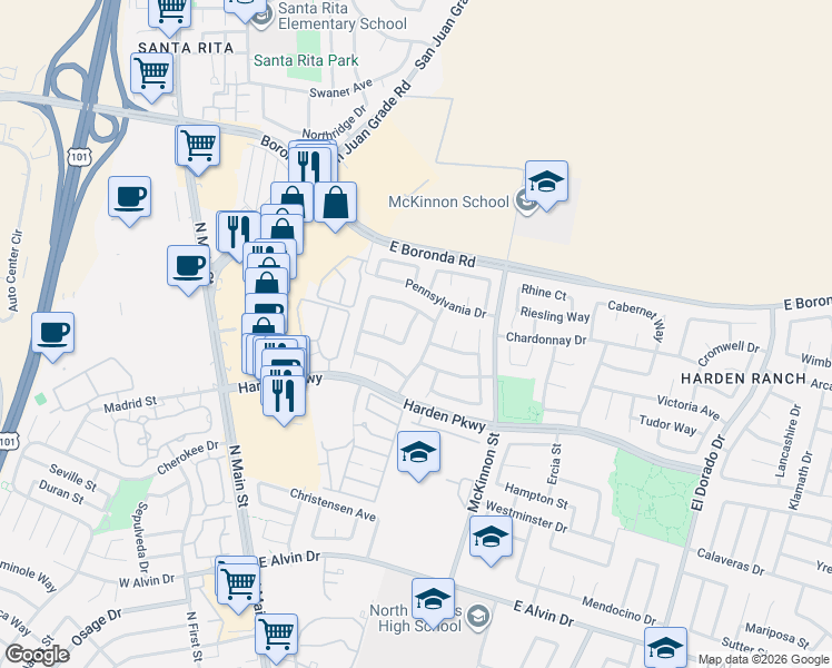 map of restaurants, bars, coffee shops, grocery stores, and more near 1890 Delancey Drive in Salinas