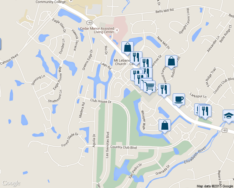 map of restaurants, bars, coffee shops, grocery stores, and more near 754 Sendero Court in Chesapeake