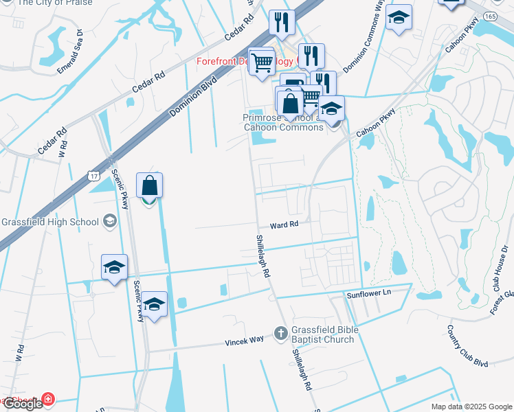 map of restaurants, bars, coffee shops, grocery stores, and more near 788 Shillelagh Road in Chesapeake