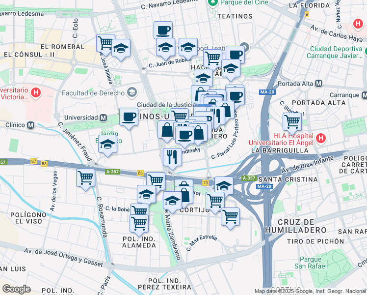 map of restaurants, bars, coffee shops, grocery stores, and more near 14 Calle Gustavo Pittaluga in Málaga