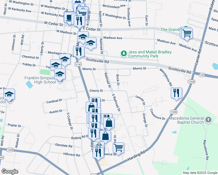 map of restaurants, bars, coffee shops, grocery stores, and more near 414 South Railroad Street in Franklin