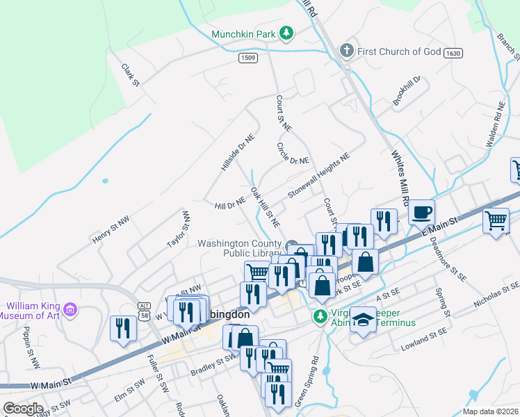map of restaurants, bars, coffee shops, grocery stores, and more near 335 Oak Hill Street Northeast in Abingdon