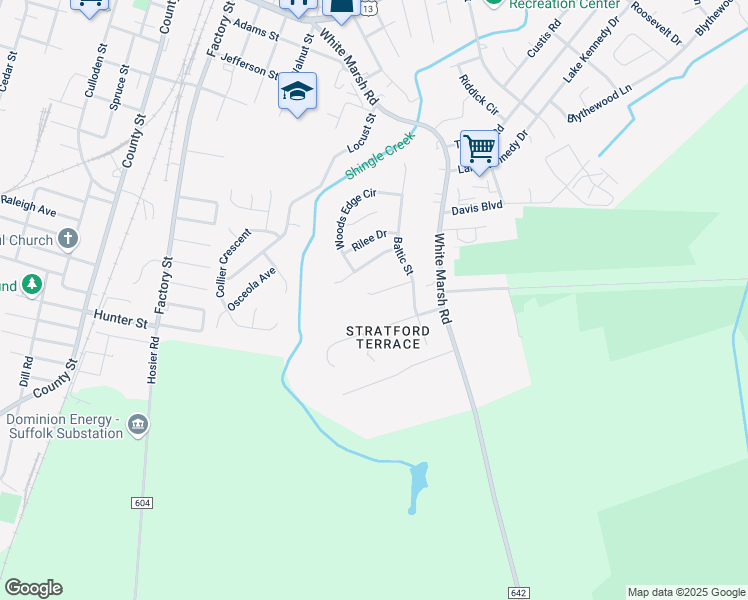 map of restaurants, bars, coffee shops, grocery stores, and more near 815 Walnut Park Drive in Suffolk
