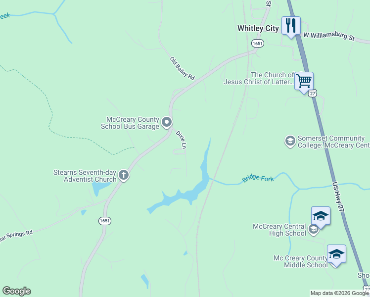 map of restaurants, bars, coffee shops, grocery stores, and more near Circle Drive in Whitley City