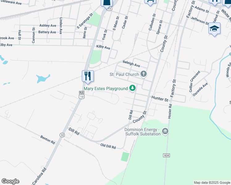 map of restaurants, bars, coffee shops, grocery stores, and more near 220 Greenfield Crescent in Suffolk
