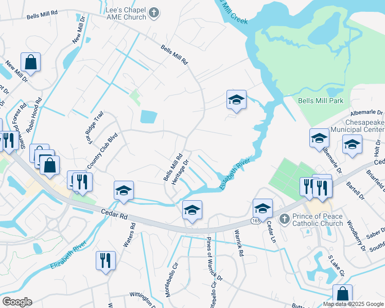 map of restaurants, bars, coffee shops, grocery stores, and more near 829 Hidden Harbor Court in Chesapeake