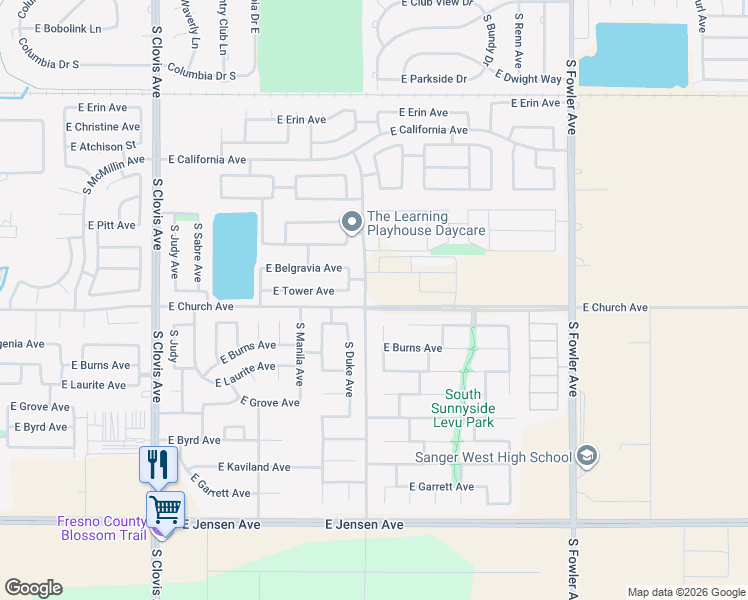 map of restaurants, bars, coffee shops, grocery stores, and more near 5788 East Tower Avenue in Fresno