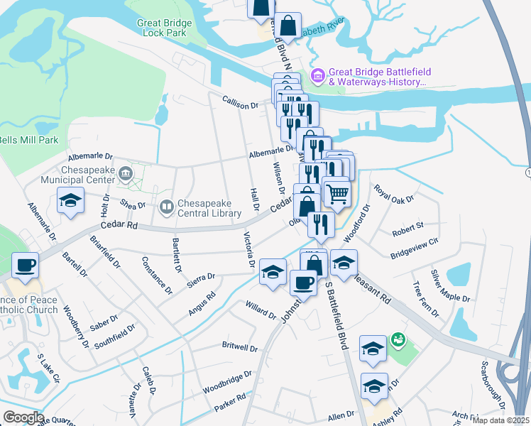 map of restaurants, bars, coffee shops, grocery stores, and more near 120 Cedar Road in Chesapeake