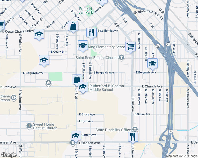 map of restaurants, bars, coffee shops, grocery stores, and more near 2375 South Tupman Street in Fresno