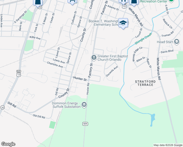 map of restaurants, bars, coffee shops, grocery stores, and more near 702 County Road 604 in Suffolk