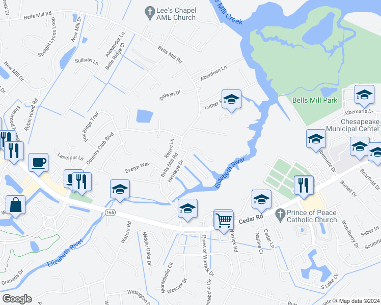 map of restaurants, bars, coffee shops, grocery stores, and more near 829 Hidden Harbor Court in Chesapeake