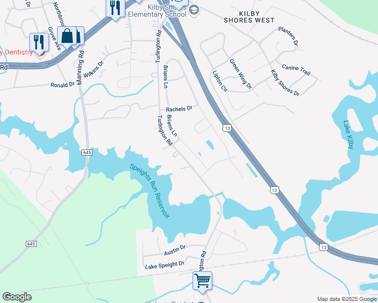 map of restaurants, bars, coffee shops, grocery stores, and more near 4041 Brians Lane in Suffolk