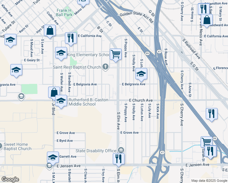 map of restaurants, bars, coffee shops, grocery stores, and more near 2368 South Elm Avenue in Fresno