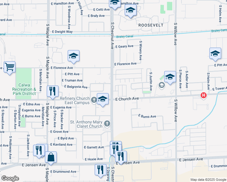 map of restaurants, bars, coffee shops, grocery stores, and more near in Fresno